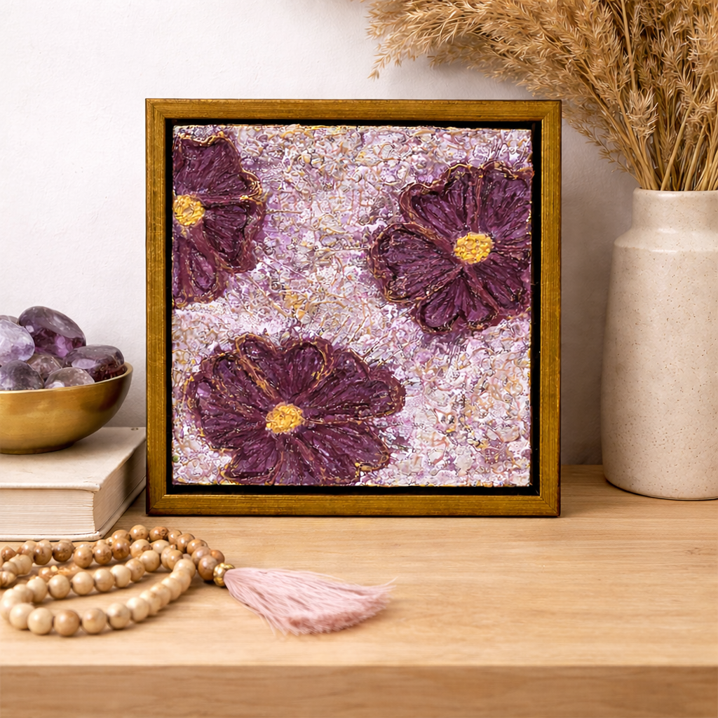 Royal Blossoms – Framed Original Encaustic Flower Painting (6×6)
