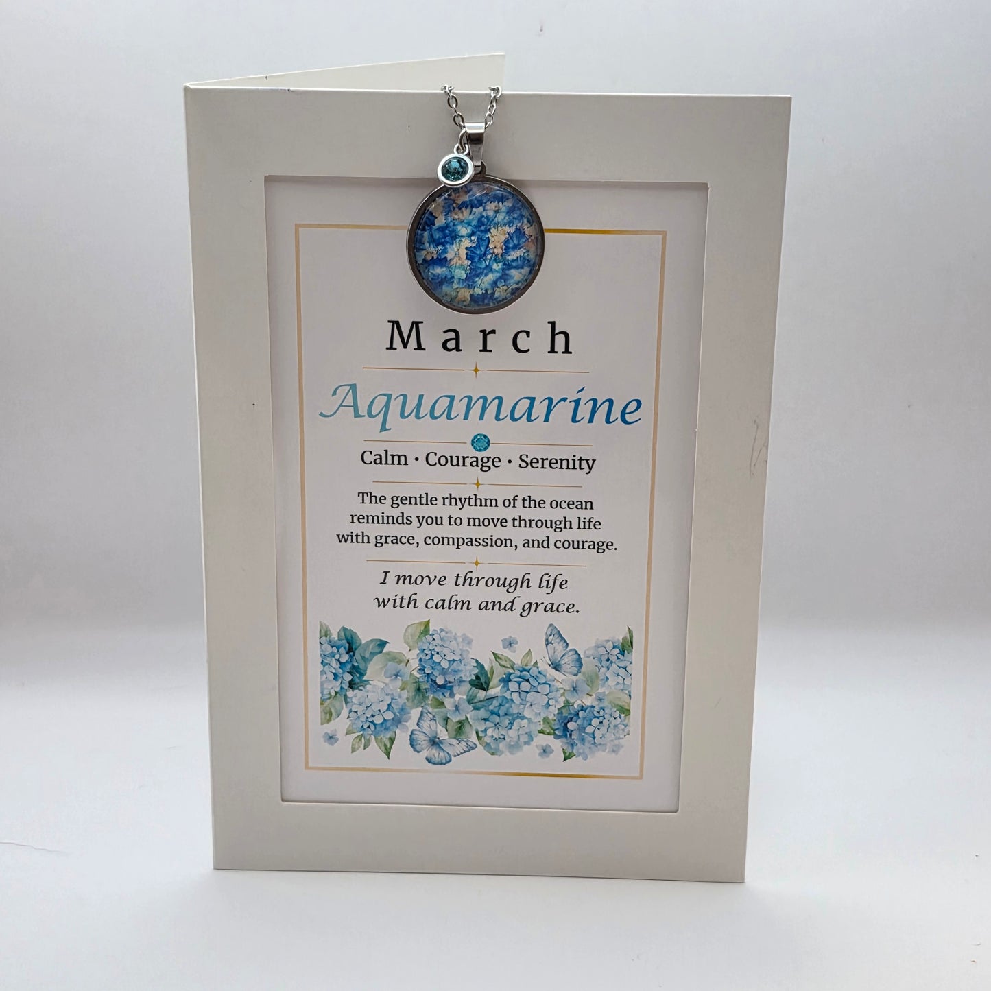 March Birthstone Necklace Gift Set | Aquamarine Pendant with Keepsake Card | Handmade Birthday Gift for Her